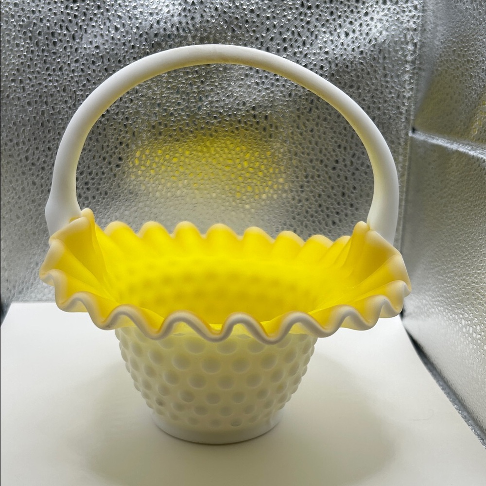 Kanawha hobnail ruffled milk glass basket. White with yellow interior. Perfect!